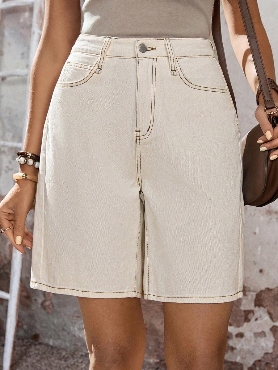 EMERY ROSE 女士休闲日常口袋纽扣牛仔短裤 - 白色 - 查看 1
