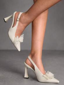 CUCCOO SZL 女士米色网纱蝴蝶结高跟鞋，尖头露跟高跟派对伴娘鞋 - 米色 - 查看 3