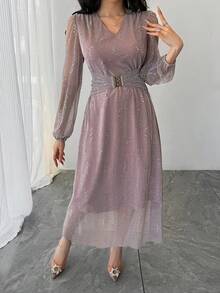 DAZY Robe longue élégante pour femmes avec décoration de sequins, robe scintillante, robe d'été - Rose bonbon - Voir 4