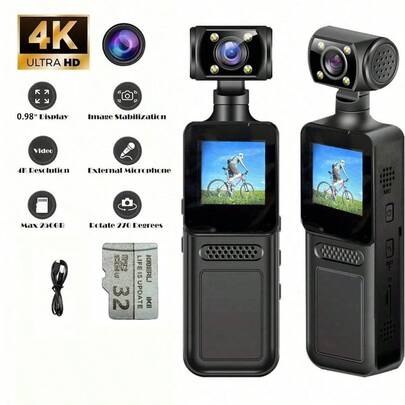 [4K Portable Camera] 4K Portable Video Blogging Camera | 270° Rotating CMOS Lens, USB Rechargeable, Suitable For Photography, Video Recording, And Audio Recording Travel, Action Camera, With 32G SD Card Memory Card