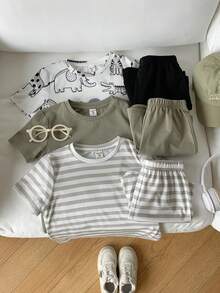 SHEIN 6件套男童可爱休闲假日沙滩恐龙条纹印花T恤短裤套装，适合春夏季节、日常穿着、运动、郊游、上学、聚会、节日、拍照等场合。 - 彩色 - 查看 7