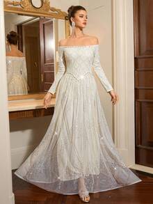 Poshira Luxury Beaded Sparkling Evening Gown, High-End Formal Dress, Elegant Dignified Lady Style - Apricot - View 3