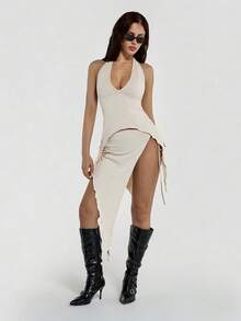 SHEIN ICON Conjunto de 2 piezas para mujer con escote profundo en V, bajo asimétrico, espalda descubierta, cuello de halter y falda con abertura y lazo - Beis - Ver 4