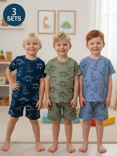 3pcs Young BoyDinosaur Print Short Sleeve Round Neck Top Paired With Allover Print Loose Shorts, Soft Knit Fabric Comfortable Pajama Set In Navy Blue, Green, Sky Blue