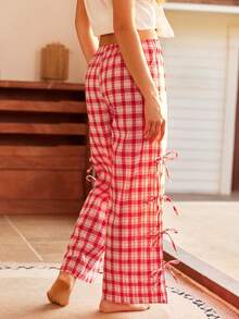 Bohemian Boho Style Side Tie Loose Straight Floral Plaid Cotton Women Pajama Bottoms - Red - View 2