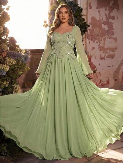 Glamrae Plus Size Elegant Luxurious Emerald Green Flare Sleeve Handcrafted Rhinestone Detachable Neck Tie Stretchy Knit & Chiffon Maxi Dress, Suitable For Weddings, Events, Singles Parties, Vacations, Galas, Formal Occasions