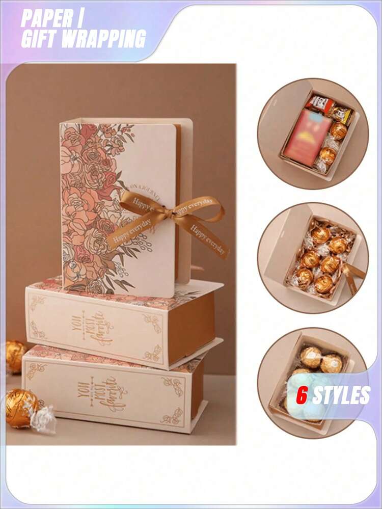 5/10Pcs Book Shape Gift Box With Ribbon Paperboard Candy Chocolate Present Packaging Box For Party, Wedding, Birthday, Valentine's Day, Valentines Wedding, Birthday - Multicolor - View 1