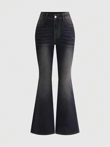 ROMWE Grunge Punk Quần jeans ống loe phong cách punk cổ điển dành cho nữ, cạp chun điều chỉnh được, kiểu dáng bạc màu. - màu đen - Xem 2