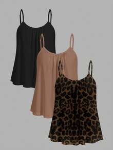 SHEIN EZwear 3件套加大码豹纹休闲简约吊带背心，适合音乐节 - 彩色 - 查看 1