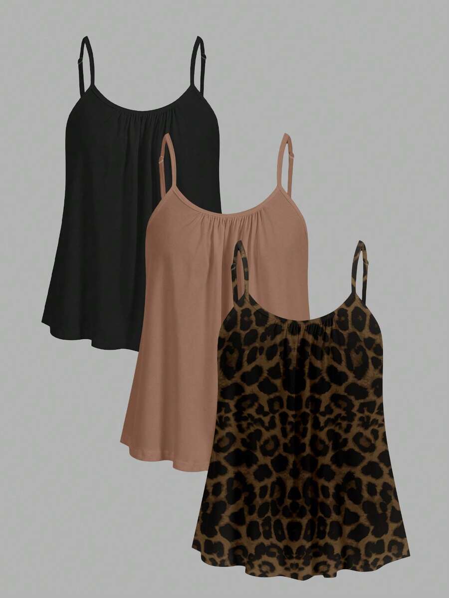 SHEIN EZwear 3件套加大码豹纹休闲简约吊带背心,适合音乐节 - 彩色 - 查看 1