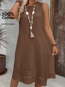 SHEIN VCAY Vestido informal de talla grande sin mangas de unicolor para vacaciones - Marrón - Ver 5