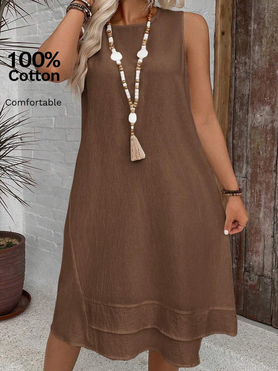 SHEIN VCAY Abito casual da vacanza senza maniche e tinta unita, taglie comode - Castano - Visualizzare 1