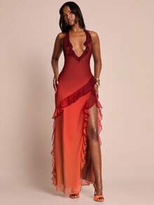 SHEIN BAE 渐变色V领高开衩荷叶边修身连衣裙，渐变色度假长裙，沙滩裙，夏季连衣裙 - 橘色 - 查看 5