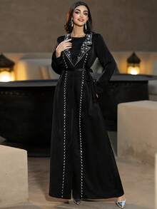 Layrah Rhinestone Embellished Handmade Long Abaya Jacket With Suit Collar Luxury Clothes For Women Sparkly Black Dress For Evening Party - Black - View 8