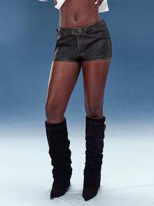 Normani 女士纯色修身休闲百搭短裤 - 黑色 - 查看 3