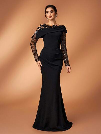 Serin Elegant Luxurious Beaded Sequin Embroidered Elastic Knit Ruched Mermaid Asymmetrical Shoulder Sheer Sleeve Dress, Suitable For Weddings, Parties, Holidays, Bridal, Mother Of The Bride, Formal Occasions