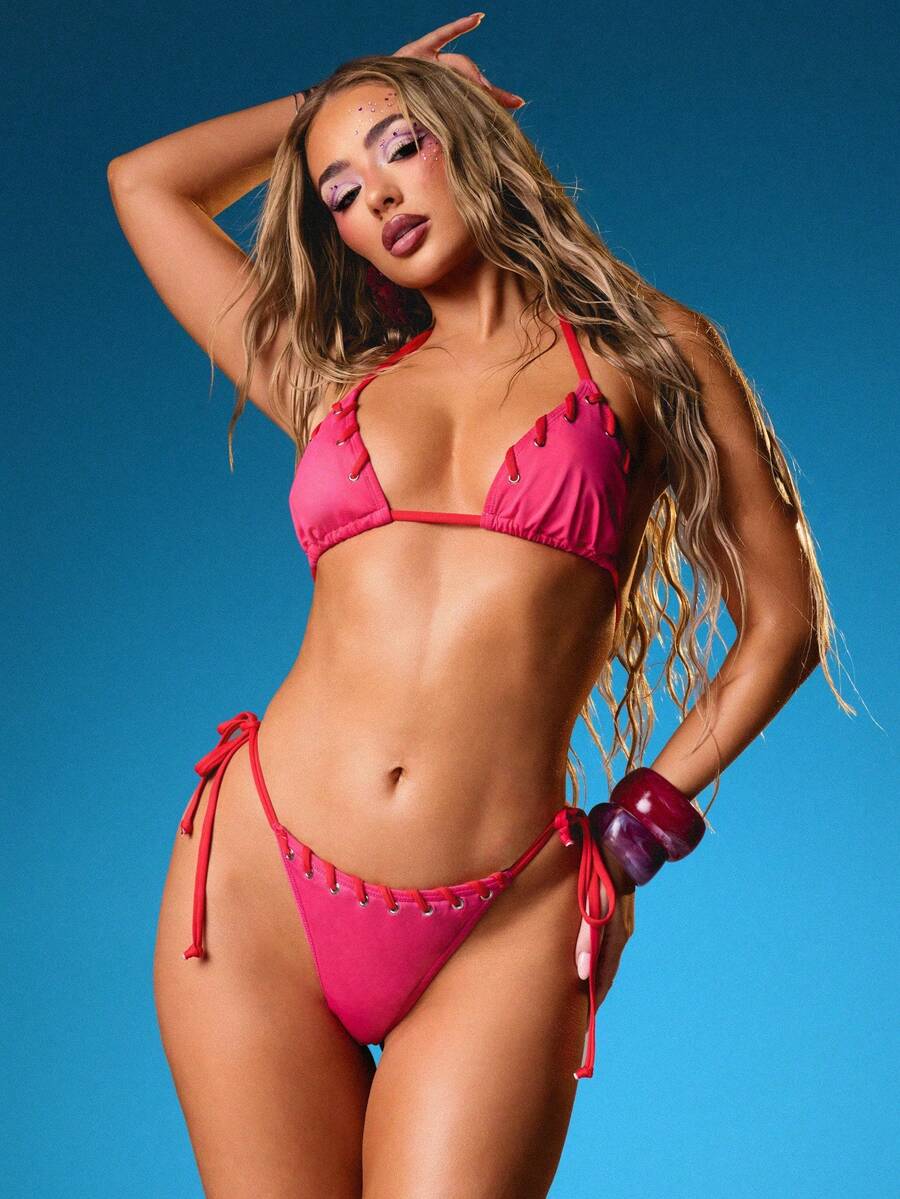 MISSGUIDED Halter Neck Eyelet Detail Triangle Bikini Top With Metal Hardware Accents Summer Beach Swimwear - Hot Pink - View 1