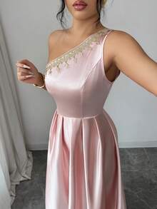 Elenzga Women Elegant Pink Sleeveless Long Dress Asymmetrical Neck With Delicate Gold Embroidery Flared Silhouette Bride Prom Gown - Pink - View 6
