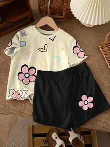 两件套少女休闲碎花、蝴蝶、爱心印花短袖上衣和短裤套装，适合夏季度假 - 彩色 - 查看 2