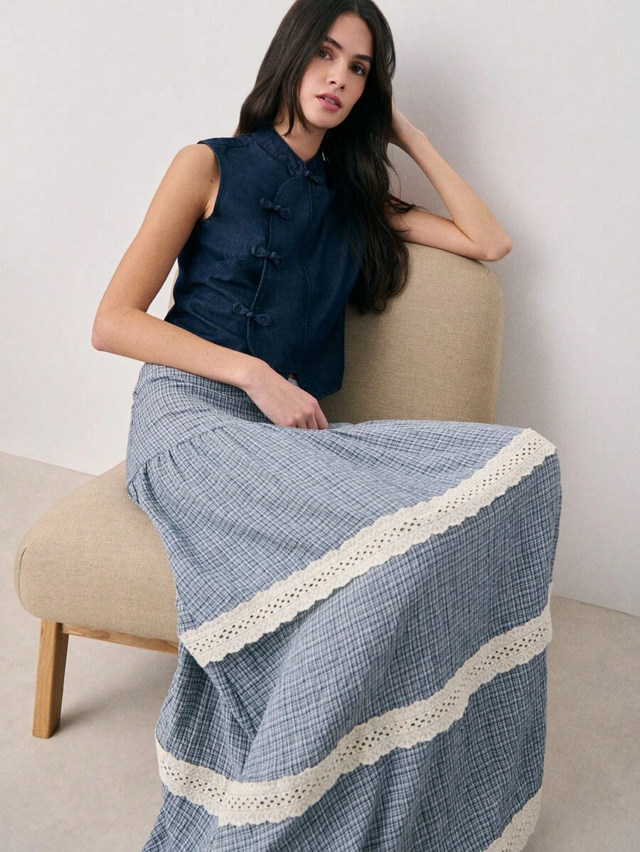 Nöista High Waist Long Skirt In Blue Checks With 3 Contrast Lace Trimming Lines. - Multicolor - View 1