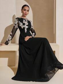 Graceveil 黑色圆领刺绣网纱长袖收腰连衣裙（女款） - 黑色 - 查看 5