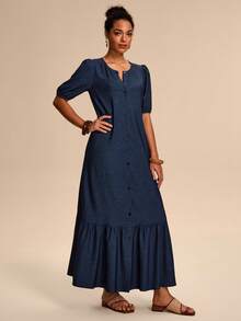 Breezaya Women's Denim Effect Fabric Open Front Split Hem Design Elegant Minimalist Blue Long Sleeve Dress - Blue - View 5