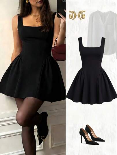 Nuevo vestido de línea A con cuello cuadrado y sin mangas, con dobladillo fruncido, de tela texturizada elástica de unicolor, elegante y refinado, adecuado para primavera/verano/otoño/invierno, color borgoña, atuendo de mujer para el Día de San Valentín