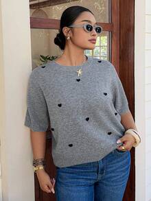 Dazy Plus Plus Size Women Heart Pattern Short Sleeve Casual Knit Top, Spring/Summer - Grey - View 6