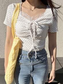 FRIFUL Women's Casual Polka Dot Print Lace Ruched Bust T-Shirt, Summer - White - View 2