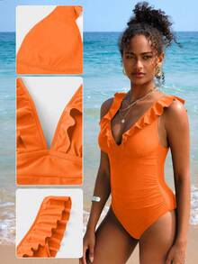 Swim Vcay 2026春夏新款女士泳装上市，适合度假、约会、西部风情、邮轮、海滩、海岛、公路旅行、四季皆宜、音乐节、波西米亚风度假、秋日休闲波西米亚Y2K褶皱短裤、优雅复古休闲女士纯色荷叶边性感连体泳衣、橙色度假泳衣、橙色连体衣、夏季连体衣、橙色比基尼、橙色沙滩裙、荷叶边泳衣、橙色度假套装、橙色连体裤、橙色连体泳衣、橙色泳装、女士泳装、橙色荷叶边泳衣 - 橘色 - 查看 6