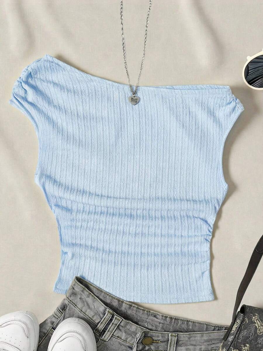SHEIN 青少年女孩修身休閒不對稱肩紋理布料背心上衣 - 淺藍色 - 查看 1