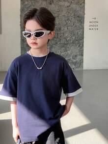 DAZY 男童撞色滚边圆领休闲宽松T恤 - 藏蓝色 - 查看 1