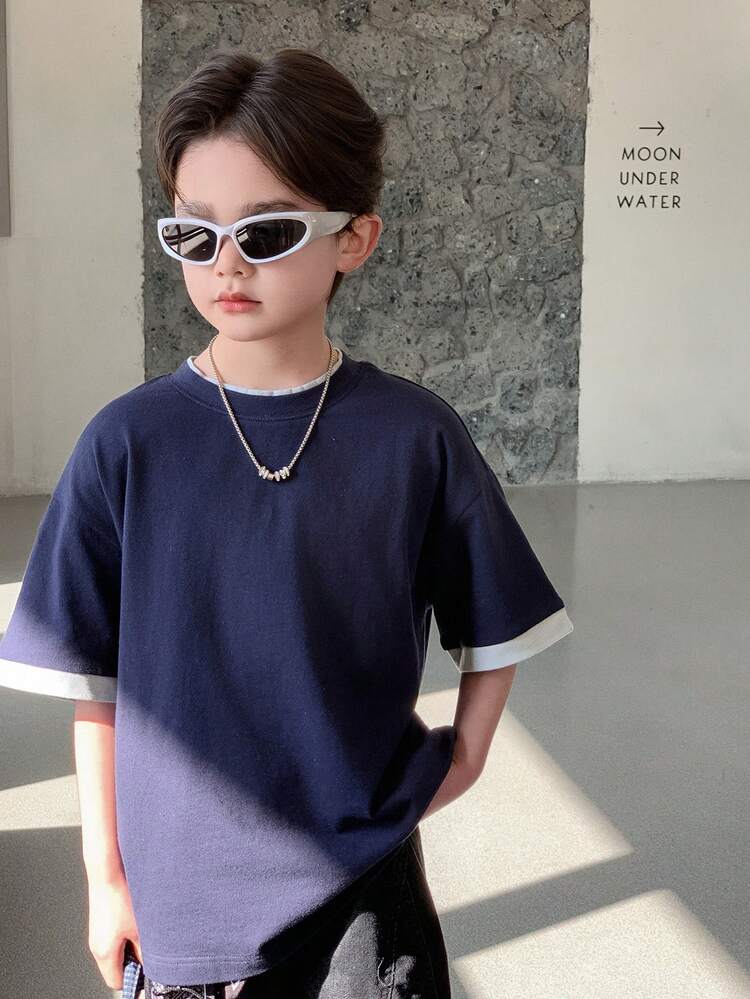 Tween Boy Contrast Trim Round Neck Casual Loose T-Shirt