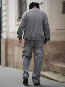 Heavens Edit Autumn/Winter Unisex Street Style Minimalist Long Sleeve Crew Neck Pullover Sweater With Fringe & Distressed Details, Loose & Comfortable - Grey - View 2