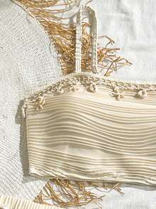 SHEIN 少女度假贝壳边纹理泳衣套装，含罩衫和迷你裙 - 杏色 - 查看 3