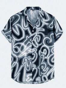 ROMWE MEN Street Life 男士全印花单排扣休闲短袖衬衫 - 灰色 - 查看 1