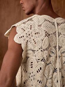 AKNOTIC Business Casual 男士针织钩编花卉图案宽松无袖针织背心，适合夏季、度假、休闲穿着、派对、情侣装，男士礼物 - 白色 - 查看 5