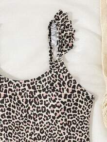 SHEIN Tween Girls Leopard Print Shoulder Strap Ruffle One-Piece Swimsuit With Ruffle Hem Skirt, Suitable For Swimming, Vacation, Summer Beach Leopard Print Swimsuit Leopard Bathing Suit Animal Print Bathing Suit Cheetah Print Swimsuit Cheetah Bathing Suit - Black - View 3