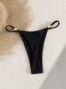 Swim SXY Nova Calcinha de Maiô Bikini Sólida e Sexy com Alça Lateral e Decoração de Pérola Grande, Adequada para Praia, Resort - Preto - Visão 7
