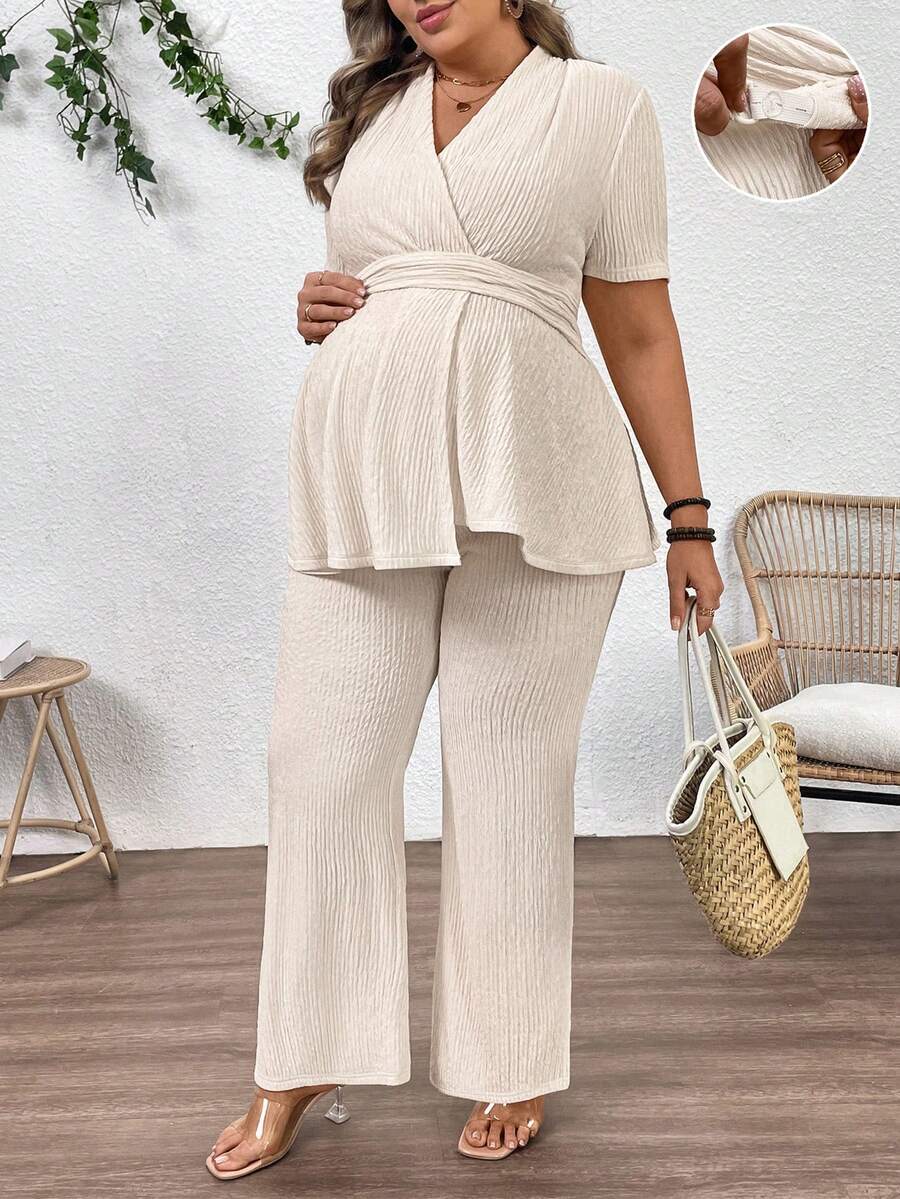 SHEIN Plus Size Maternity Solid V-Neck Overlap Short Sleeve Top And Adjustable Waist Wide Leg Pants Casual Outfit - Apricot - View 1