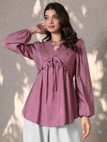 Mulvari Women's Lace Trim Tie Front Lantern Sleeve Casual Blouse, Versatile For Dates And Outings - Purple - View 5