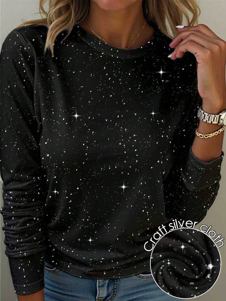 EMERY ROSE Women's Casual Round-Neck Silver-Plated Silver-Sprinkled Fabric Shiny Fabric Long-Sleeve T-Shirt - Black - View 1