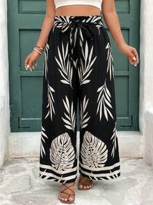 SHEIN Frenchy 大码休闲度假植物印花系带阔腿裤 - 黑色 - 查看 7