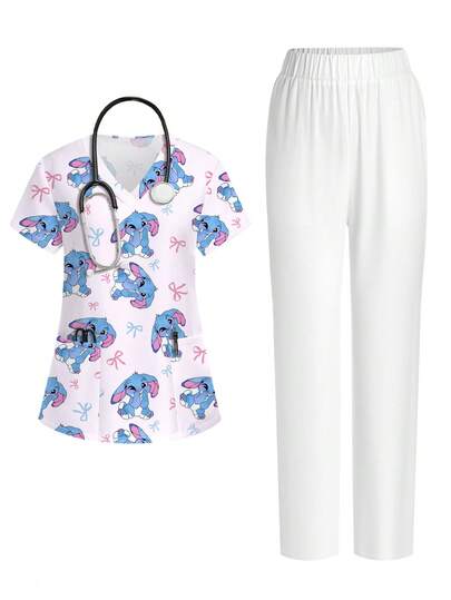 PopScrub Conjunto de uniforme de enfermería con estampado digital de conejo lindo, cuello en V, manga corta, bolsillo, oreja de lazo y abertura para mujeres