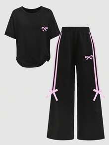 SHEIN 少女休闲宽松舒适圆领短袖T恤和裤子套装 - 黑色 - 查看 5