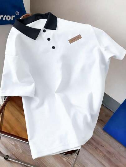 Manfinity Joysei Button Up Basic Shirt  Men's Black & White Contrast Collar Polo Shirt New York Style Casual Short Sleeve Polo Collar T-Shirt, Versatile Top For Men Spring To Summer Vacation Outfits  Holiday Outfits Summer Holiday Outfits Tops For Women Summer Tops Going Out Tops