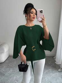 Selianne Women's Round Neck Batwing Sleeve Tie Waist Glossy Red Blouse, Spring/Summer Fall Cloth For Women - Dark Green - View 5