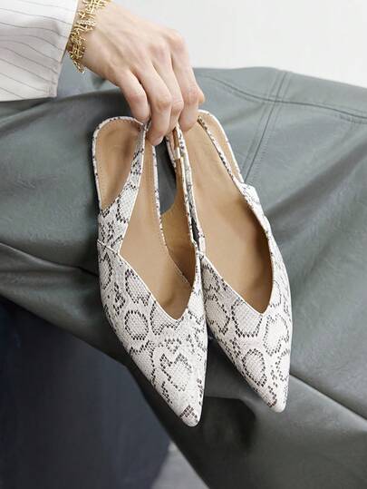 CUCCOO BIZCHIC Snake Skin Mule Slippers, Grey & White Textured Minimalist Pointed Toe, Suitable For Commuting And Dating, Low-Key Wild Vintage High-End Feel