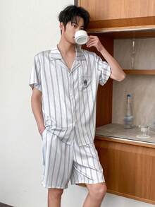 DAZY Summer Striped Multicolor Short Sleeve Shirt Paired With Patterned Embroidered Shorts Men Pajama Set - Multicolor - View 4