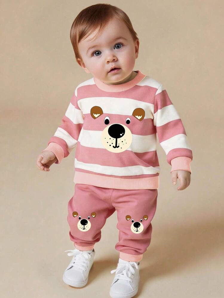 GraphicGems 2pcs/Set Toddler Boy Casual Fashionable Outfit, Includes Striped Bear Graphic Sweatshirt And Matching Sweatpants, Comfortable And Versatile For Autumn/Winter/Spring - Pink - View 1